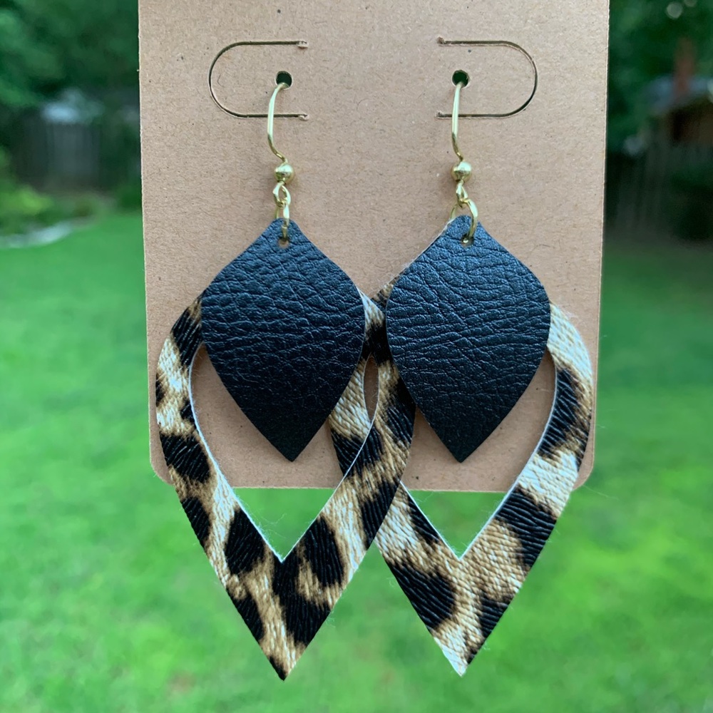 Leopard/black faux leather earrings NEW